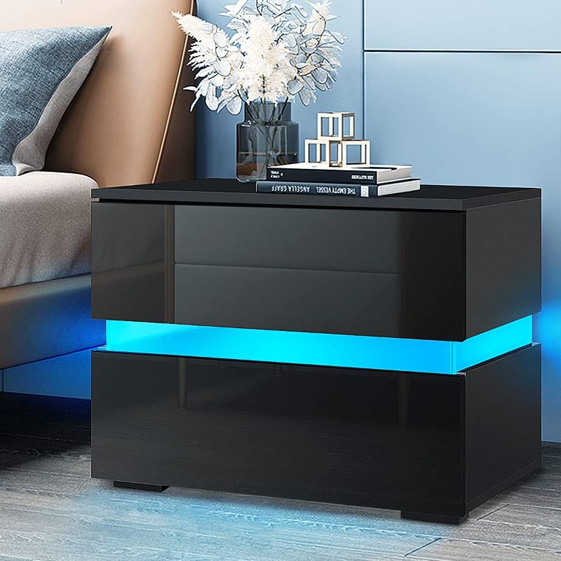 Photo 1 of WOODYHOME Modern High Gloss LED Nightstand, 2 Drawers Bedside End Table w/20 LED Light Mode, Home Bedroom Decor
