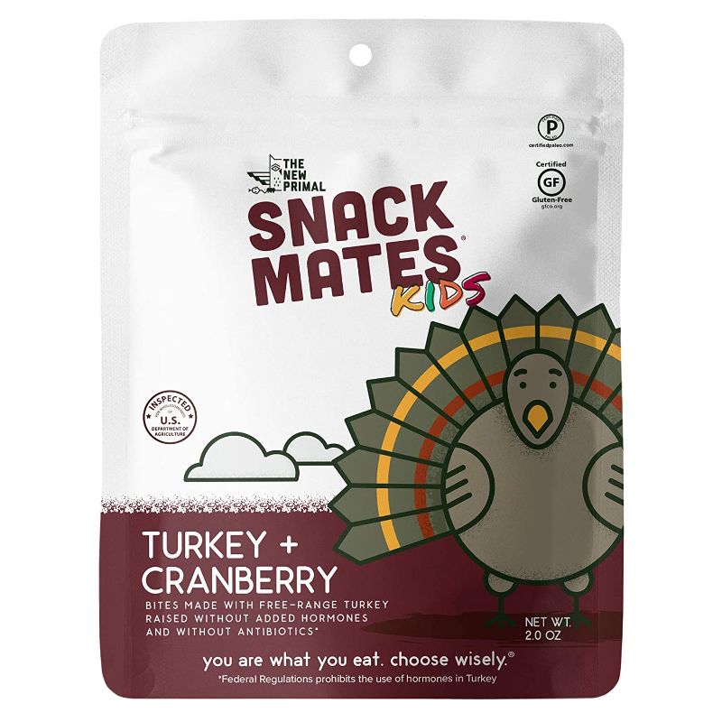 Photo 1 of ?Snack Mates by The New Primal Turkey & Cranberry Bites, High Protein and Low Sugar Kids Snack, Bite-Sized, Certified Paleo, Certified Gluten Free, Soy Free, 2 Oz Per Pack (8 Pack)
EXP 09/21/21