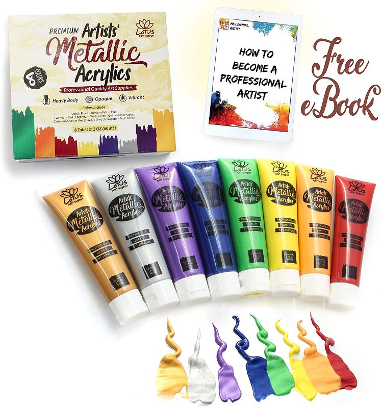 Photo 1 of Metallic Acrylic Paint Set by Lotus Art Supply - Professional 2 OZ Tubes and Palette of 8 Bright, Opaque, Heavy Body Colors - Painting Supplies for Artists, Canvas, Brushes, Fabric, Adults, and Kids

