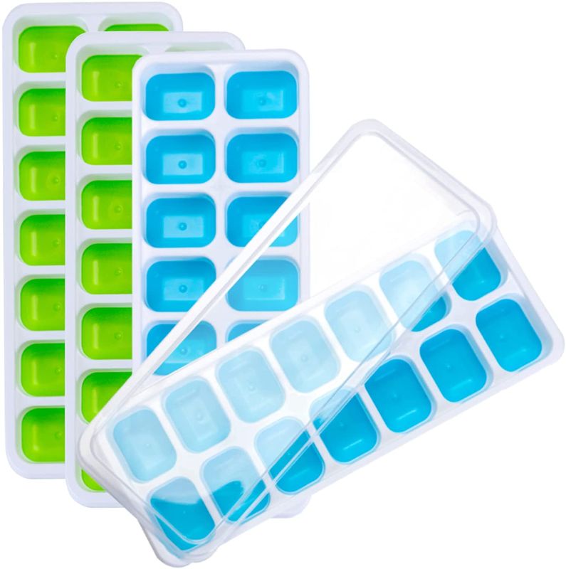 Photo 1 of 4 Pack Silicone Ice Cube Trays with Lid, BPA Free Flexible 56-Ice Cubes Molds, Easy Release Freezer Trays for Cooling Drinks Whiskey Cocktails Orange Juice Cola, Soft Bottom Ice Maker
