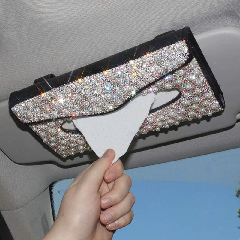 Photo 1 of Dotesy Bling Sparkling Car Visor Tissue Holder Leather Crystals Paper Towel Cover Case for Women (Pearl-Black)
