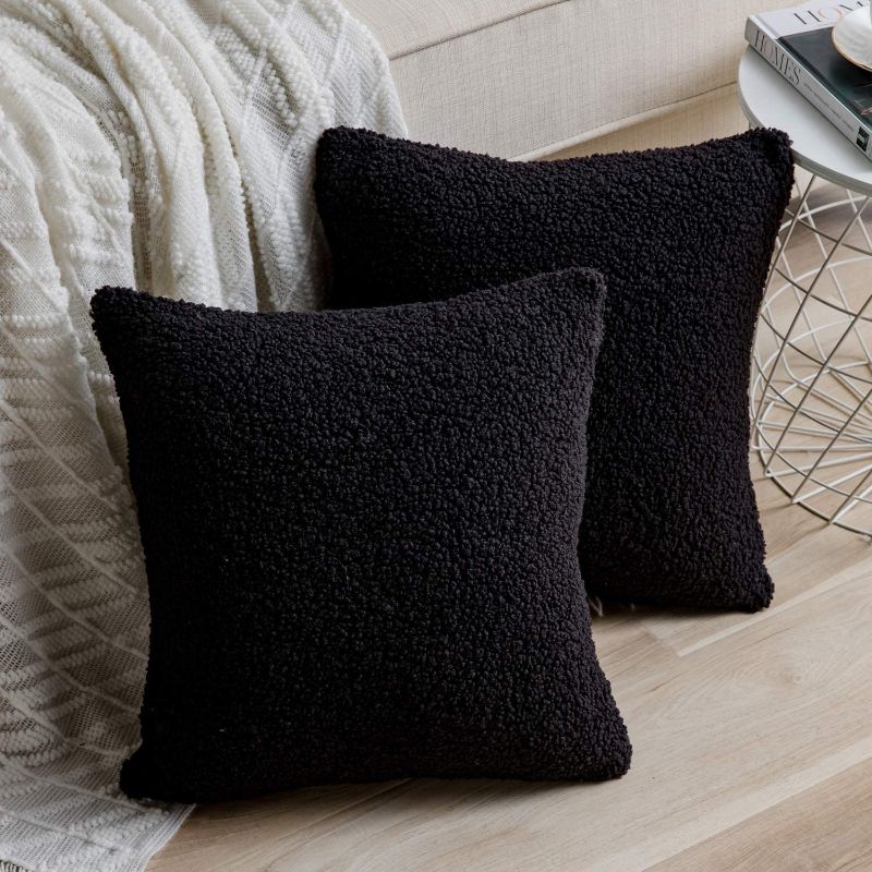 Photo 2 of Anickal Set of 2 Black Decorative Luxury Faux Curly Wool Fur Pillow Covers 18x18 Inch Soft Wool Square Throw Pillow Cases Cushion Covers for Sofa Couch Bedroom Living Room Home Decoration
