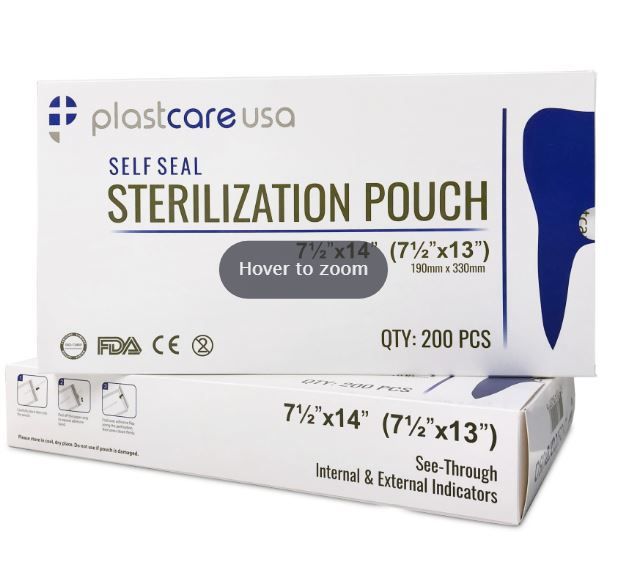 Photo 1 of 200 7.5" x 13" Self-Sealing Sterilization Pouches, Paper/Blue Film by PlastCare USA exp 11/22