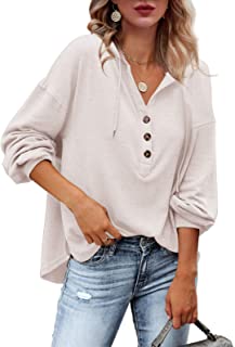 Photo 1 of Tutorutor Womens Oversized V Neck White Button Down Sweatshirt Hoodie Long Sleeve Black Henley Shirts fall Tunic Tops