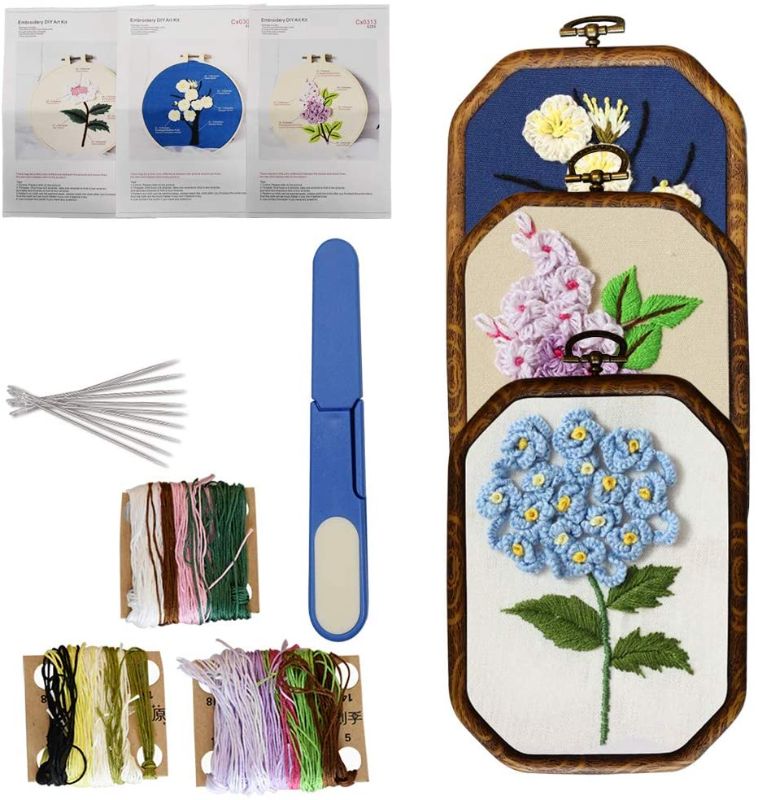 Photo 1 of Ainesy 3 Sets Embroidery Starter Kits with Patterns and Instructions, Including 3 Plant and Flower Patterns, 3 Rectangular Embroidery Frames, Colored Thread