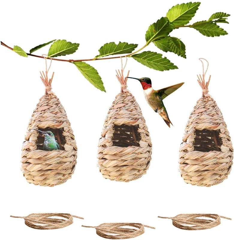 Photo 1 of Emalie Bird Houses for Outside Hanging, Set of 3 Hummingbird House with Rope for Outdoor, Grass Hand Woven Birdhouse, Small Chickadee & Bird Hut 