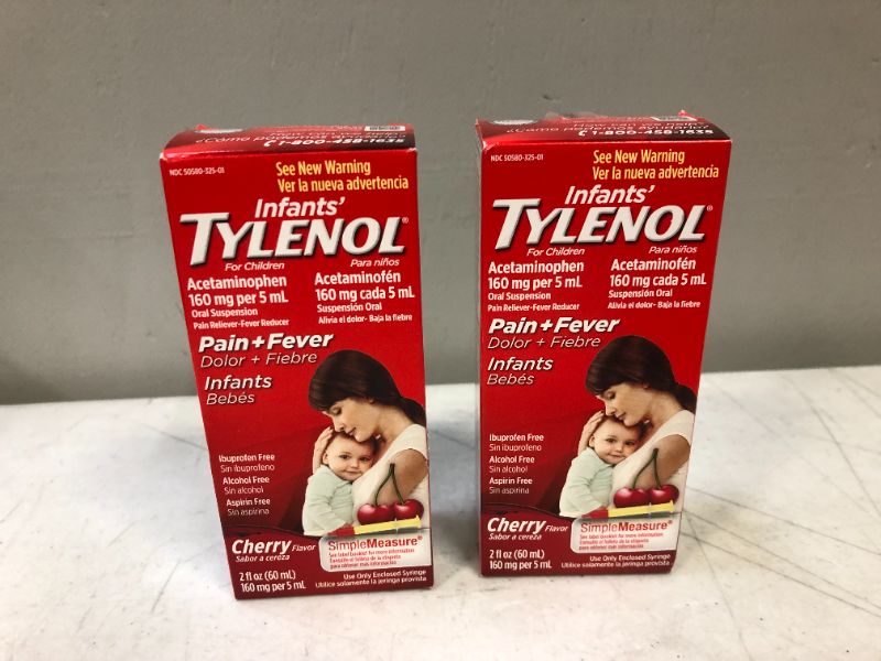 Photo 1 of 2 pack--Infants tylenol pain & fever  cherry 2fl oz (60ml)  exp 03-2022