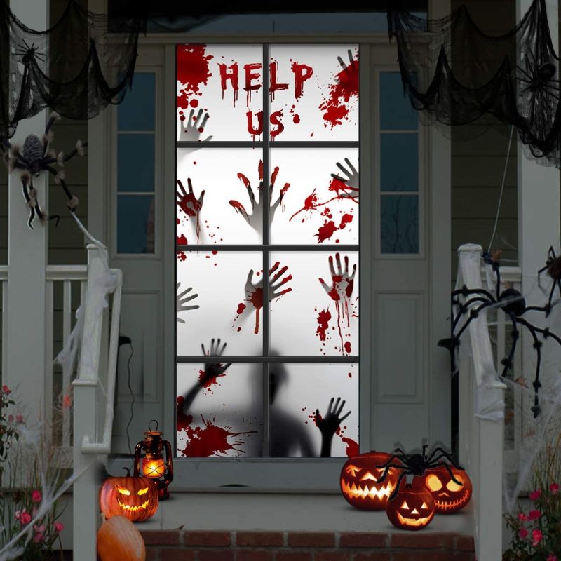 Photo 1 of 2pcs Large Halloween Door Decoration Covers Window Posters 80"x36" Bloody Handprints Stickers for Haunted House Halloween Party Favors 4 pack 