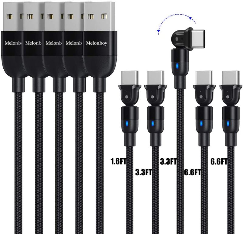 Photo 1 of 180° Rotation Type C Cable [5-Pack, 1.6ft/3.3ft/3.3ft/6.6ft/6.6ft], Melonboy Fast Charging Cable and Data Sync Transfer, USB C to USB A Durable Nylon Braided Charger Cable for Samsung etc. - Black