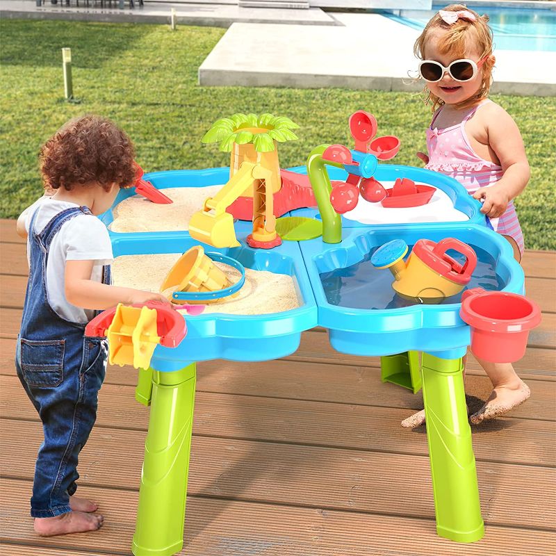 Photo 2 of ----New Brand Open For Photos---TEMI Sand Water Table,4-in-1 Kids Play Sand Water Table for 32 Pcs Summer Beach Toys for Outside & Outdoor Activity,Gifts for Toddlers Boys Girls Toys
