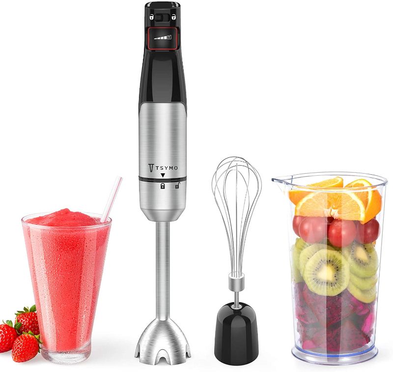 Photo 1 of TSYMO Smart Stepless Speed Immersion Blender, Multi-Purpose Hand Blender Stainless Steel Stick, Mixing Cup, Whisk Attachment for Smoothies, Puree Baby Food ***new open only for photo***
