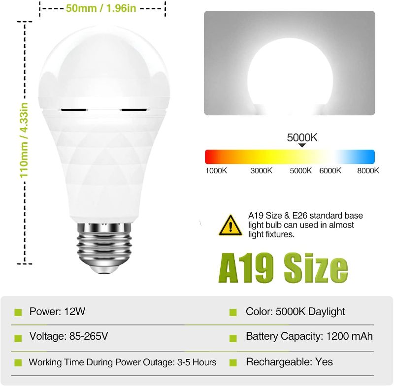 Photo 3 of ?Dedicated to 220V?A19 Emergency Rechargeable Light Bulbs, Keep Lighting During Power Outage, Led Bulb 60 Watt Equivalent, 5000K Daylight Light Bulb 1200mAh Battery Backup Light Bulbs***factory sealed***
