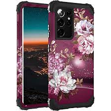 Photo 1 of  2 pack Hocase for Galaxy S21 Ultra Case, Shockproof Heavy Duty Hard Plastic+Soft Silicone Rubber Bumper Hybrid Protective Case for Samsung Galaxy S21 Ultra 5G (6.8-inch Display) 2021 - Royal Purple Flowers
