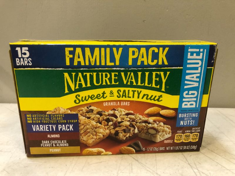 Photo 2 of Nature Valley Granola Bars, Chewy, Almond/Dark Chocolate, Peanut & Almond, Peanut, Sweet & Salty Nut, Variety Pack, 15 Pack - 15 pack, 1.2 oz bars  exp date 11-22-2021