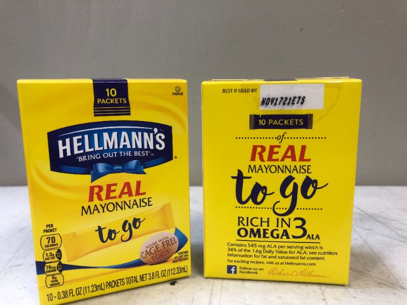 Photo 2 of 2pack--Hellmanns To Go Mayonnaise, Real - 10 pack, 0.38 fl oz packets  exp date 1-2021