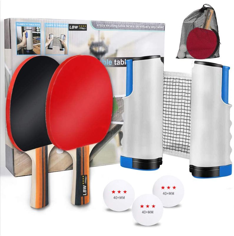 Photo 1 of LBW Ping Pong Paddles Set with Retractable Net - Portable Table Tennis Set with Balls Net for Any Table, 4-Star 7-Layer 2 Ping Pong Paddles, 3-Star White Ping Pong Balls, Indoor/Outdoor Games
