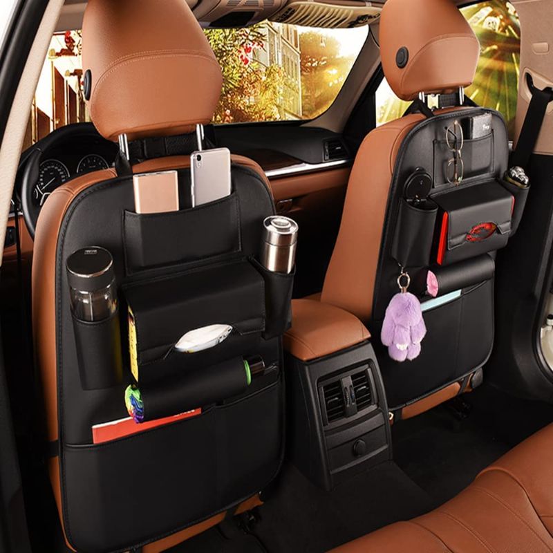 Photo 1 of 2 Pack PU Leather Premium Car SeatBack Organizer Travel Accessories Car Seat Back Organizer Seat Protector Kick mats Back seat Protector and Cup Holder Holder Universal Use Seat Covers Black
