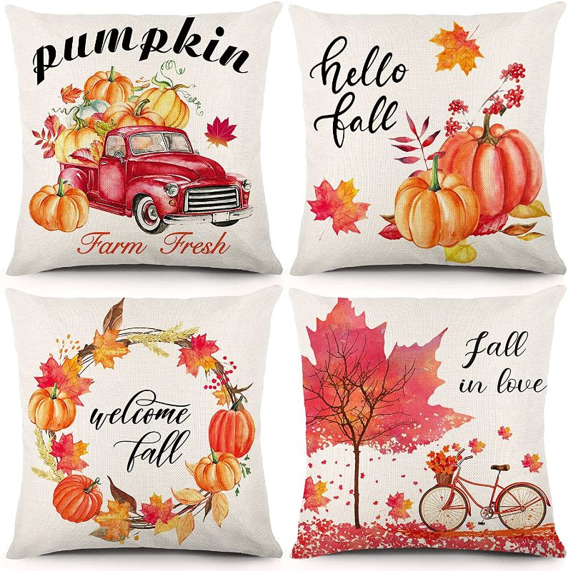 Photo 1 of YGEOMER Fall Pillow Covers 18x18 Set of 4 Autumn Farmhouse Truck Harvest Pumpkin Maple Leaf Tree Bicycle Thanksgiving Decorations Farmhouse Throw Pillowcase Linen Cushion Case for Home Decor
2 pack