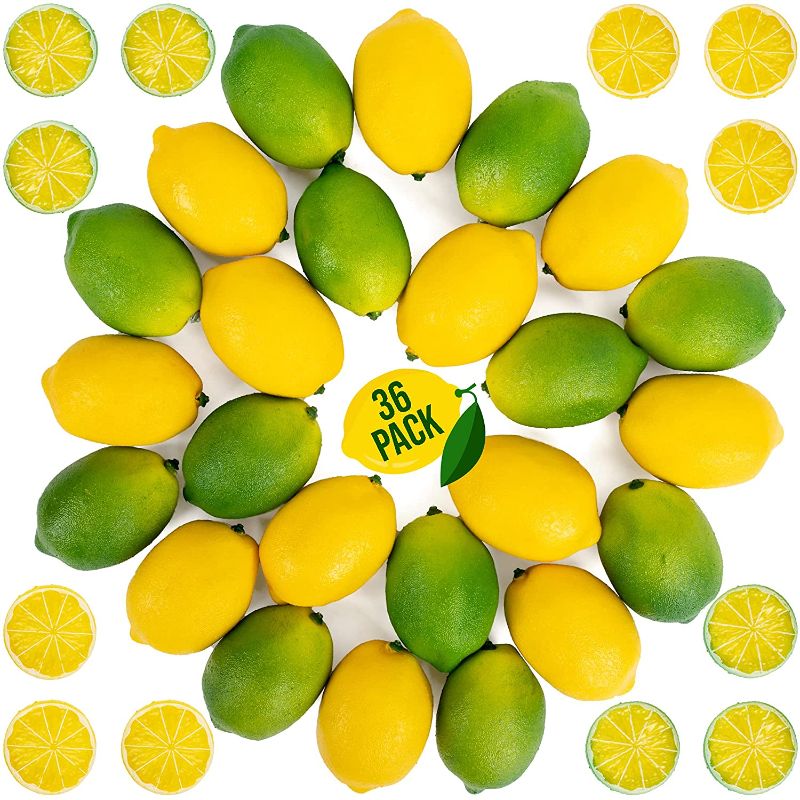 Photo 1 of Fake Lemons Limes and Slices Set - Decorative Faux Citrus Fruits - Artificial Decorations for Home Kitchen Table Office Weddings Table Centerpiece Party with Lemon Tree Decor Theme
