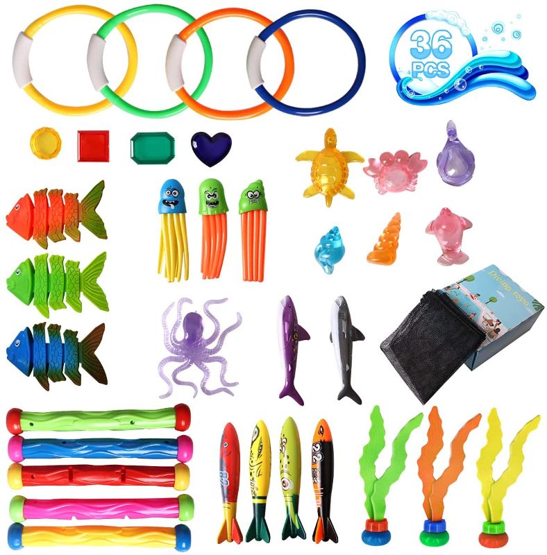 Photo 1 of Diving Pool Toys, 36 Pack Fun Pool Toys, Sinking Swim Toys Underwater Treasures Games Swimming Pool Toys for Kids 3+, Teen Toddlers Boys and Girls Pool Summer Toys with a Storage Bean Bag and Gift Box
