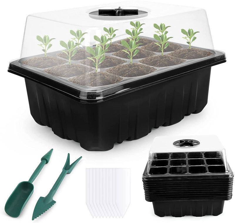 Photo 2 of AUXSOUL Seed Starter Tray Kit, 12 Pack Plant Germination Growing Containers with 10pcs Labels 2pcs Seedling Lifter Tools Dome and Base for Outdoor or Indoor Herb Greenhouse Wheatgrass(12 Pack Black)
