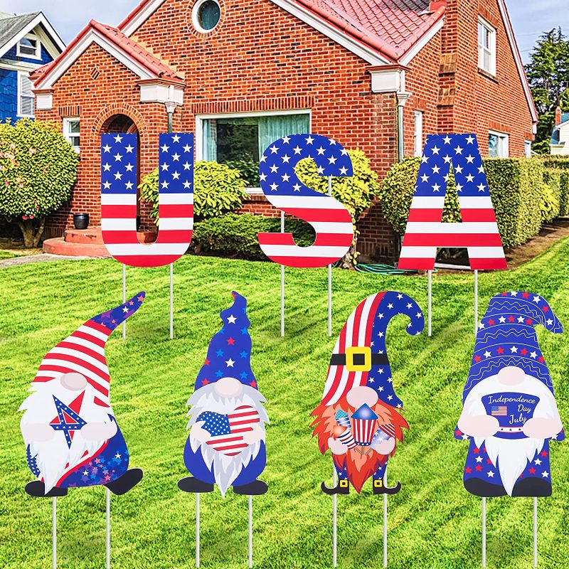 Photo 1 of Geegoods 4th of July Yard Signs, Patriotic Gnomes Independence Day Memorial Day Decorations Outdoor Lawn Decorations, 7PCS Colorful & Weatherproof Letter Yard Signs with Stakes
