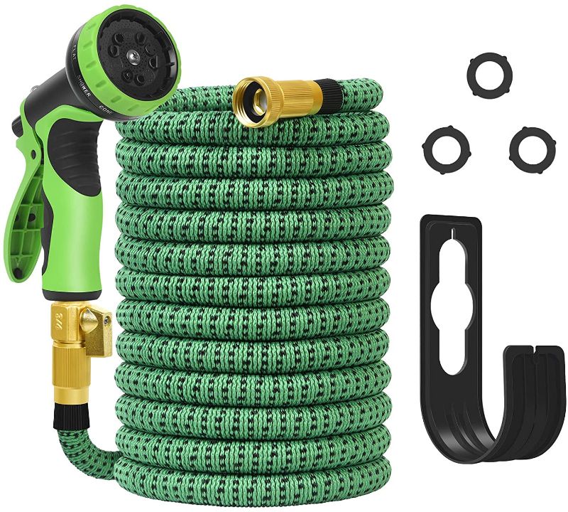 Photo 1 of 50 feet Expandable Garden Hose Green Water Hose with 10 Function Nozzle, Retractable Flexible Hose with 3/4'' Solid Brass Fittings
