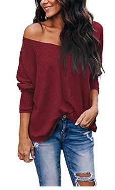 Photo 1 of BETTE BOUTIK Womens Casual Off Shoulder Tops Sexy V Neck Knit Shirt Batwing Long Sleeve Loose Pullover Sweater Large