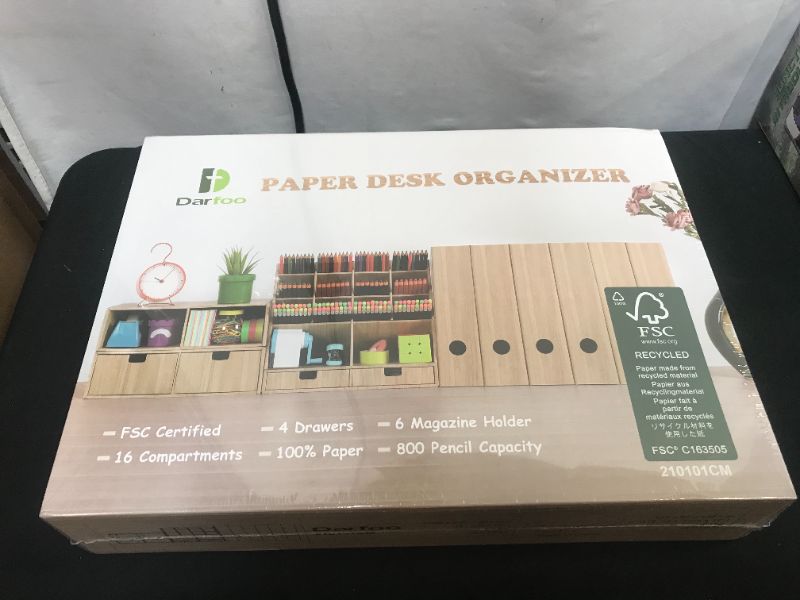 Photo 2 of Desk Organizer Set with 6 Magazine File Holder Organizer 4 Drawers & 16 Compartments - Huge Capacity Pen organizer for Home, School, Office Supplies, FSC Certified Cardboard, DIY Project, Wood Color Model C Maple