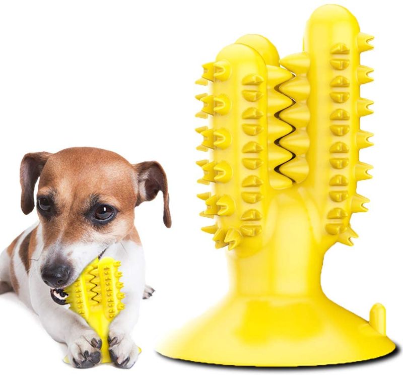 Photo 1 of 2 pack - QPQEQTQ Dog Chew Toothbrush Toys Dog Teeth Cleaning Toys Dog Cactus Toys Suction Cup Dog Toys Puppy Brushing Stick Toy for Dental Oral Care (Fit 10-50lb Yellow)
