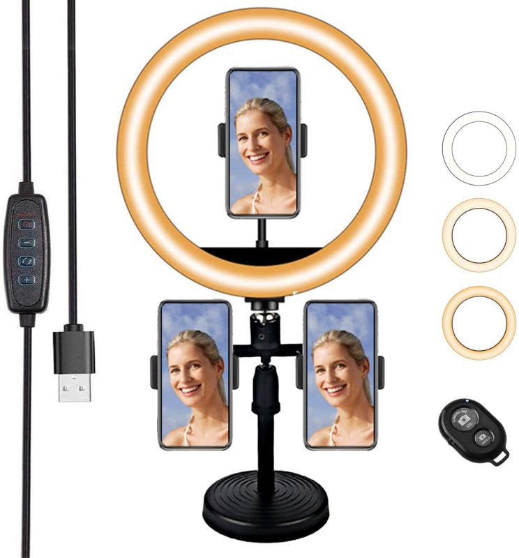 Photo 1 of 10” Ring Light LED Desktop Selfie Ring Light USB LED Desk Camera Ring Light 3 Colors Light with Tripod Stand Phone 3 Holder and Remote Control for Photography Makeup Live Streaming
