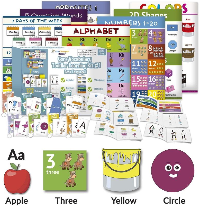 Photo 1 of Little Champion Reader Teach Core Vocabulary Toddler Learning Kit 1 - Learn Alphabet, Letters, Number 1-20, Shapes (2D & 3D), Colors, 7 Weekdays, 12 Months, Question Words and Opposite Pairs (7-in-1)
