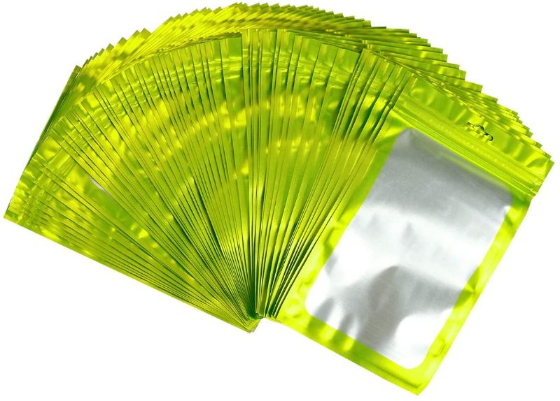 Photo 1 of 100 Pack Resealable Mylar Ziplock Food Storage Bags, Smell Proof Ziplock Bags with Clear Window Seal Pouch Food Safe Storage Supplies (Green, 3.5 x 6.3 Inch)
