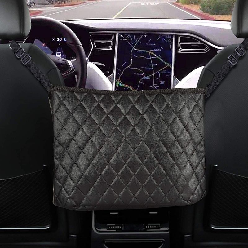 Photo 1 of  Car Net Pocket Handbag Holder Between Seats, Purse Holder for Car Storage Phone Documents Pocket,Barrier of Backseat Pet Kids,Cargo Tissue Holder(Pu)