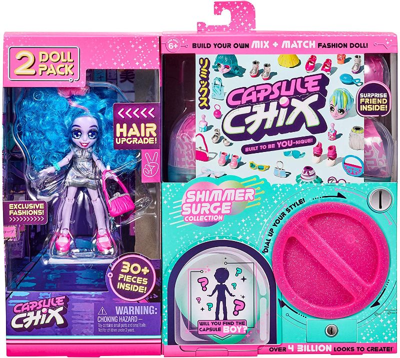 Photo 1 of Capsule Chix Shimmer Surge 2 Pack, 4.5 inch Small Doll with Capsule Machine Unboxing and Mix and Match Fashions and Accessories, 59228
