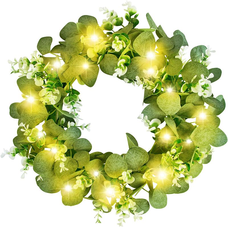 Photo 1 of 15.7" Artificial Eucalyptus Wreath with 6.56 Ft 20 String Lights Faux Green Leaves Small Greenery Front Door Wreath for Spring Summer Fall Winter Festival Farmhouse Home Wall Window Decor
