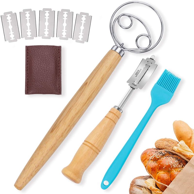 Photo 1 of Bread Bakers Lame Slashing Tool Set, Dough Scoring Tools, Agitator, Danish Dough Whisk Mixer and Silicone Basting Brush, Razor Bakers with 5 Blades and Leather Protective Cover, for Bread Making
