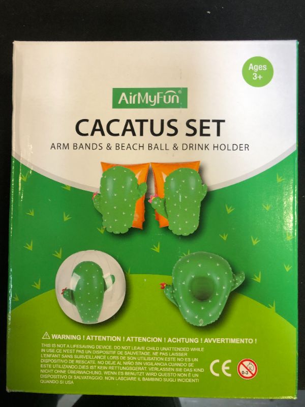 Photo 1 of AirMyFun Arm Bands Drink Holder Beach Ball - Inflatable Cactus Pool Float Set, Water Party Decoration with Cactus Drink Holder, Pool Floats Sports with Cactus Arm Bands Cactus Beach Ball
