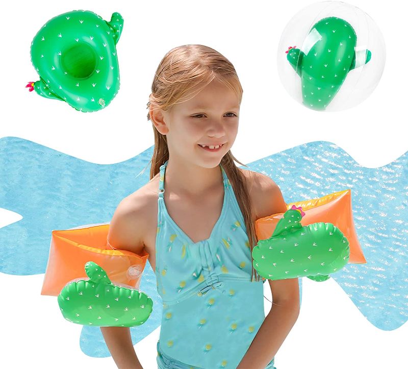 Photo 1 of AirMyFun Arm Bands Drink Holder Beach Ball - Inflatable Cactus Pool Float Set, Water Party Decoration with Cactus Drink Holder, Pool Floats Sports with Cactus Arm Bands Cactus Beach Ball
