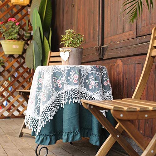 Photo 1 of 2 Pieces Round Linen Tablecloth Cotton Tablecloth 59 Inch and Square Lace Embroidery Tablecloth 43 Inch
