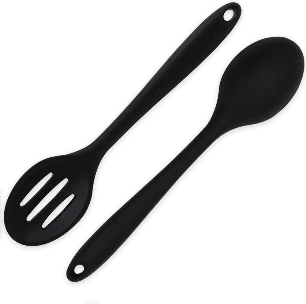 Photo 1 of 2 Pieces Silicone Nonstick Mixing Spoons, BPA Free and Food Grade Serving Cooking Spoon, High Heat Resistant to 480°F, Hygienic Design Slotted and Solid Spoons for Mixing and Serving (2pk)