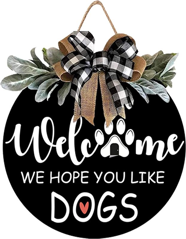 Photo 1 of Welcome Sign Welcome Front Door Round Wood Sign Hanging Front Door Porch Decor Welcome Sign Front Farmhouse Porch Spring Welcome Sign (Like Dogs)
