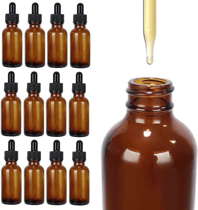 Photo 1 of 1oz. (30ml) 12 Pack Glass Amber Round Boston Bottles with Glass Droppers for Essential Oils, Chemical Lab,Homemade, Wedding Decor-24 Color Labels, Tincture Bottles With Dropper, Eye Dropper
