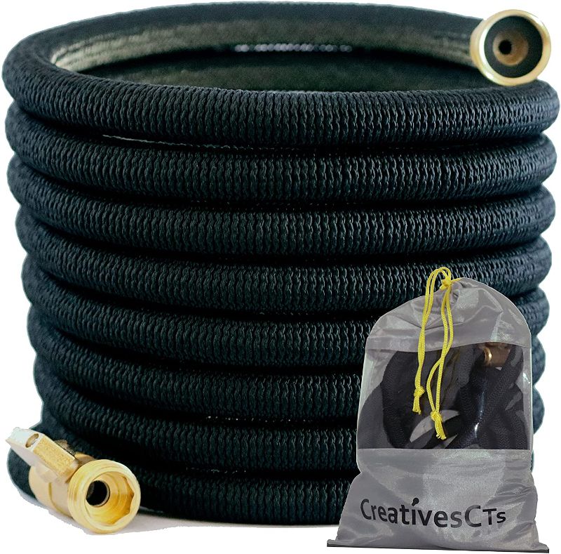 Photo 1 of Creatives CTS. Premium expandable garden hose 50 ft black with storage bag. High tenacity yarn, solid brass 3/4¨ fitting, on/off valve. lightweight, heavy duty, retractable hose and flexi.
