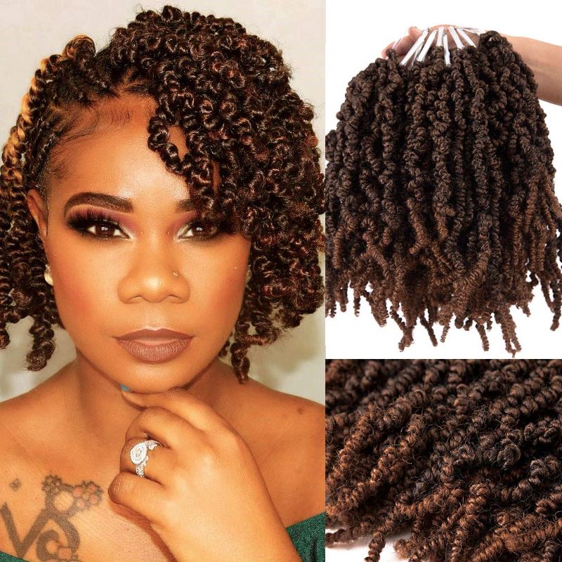 Photo 1 of 6 Packs Short Curly Spring Pre-twisted Braids Syntheti Crochet Hair Extensions 10 inch 15 strands/pack Ombre Crochet Twist Braids Fiber Fluffy Curly Twist Braiding Hair Bulk (10“ , T1B/30#)