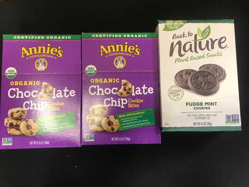 Photo 1 of Annie's Organic Chocolate Chip Cookie Bites - 6.5oz 2PK EXP8/2021 AND Back to Nature Plant Based Snacks Fudge Mint Cookies 6.4 oz. Box EXP11/2021