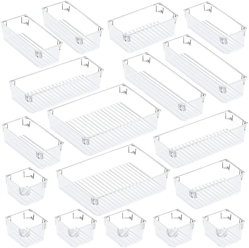 Photo 1 of 18-pcs Desk Drawer Organizer Trays, Large Capacity Plastic Bins Kitchen Drawer Organizers Bathroom Drawer Dividers for Makeup, Kitchen Utensils, Jewelries and Gadgets