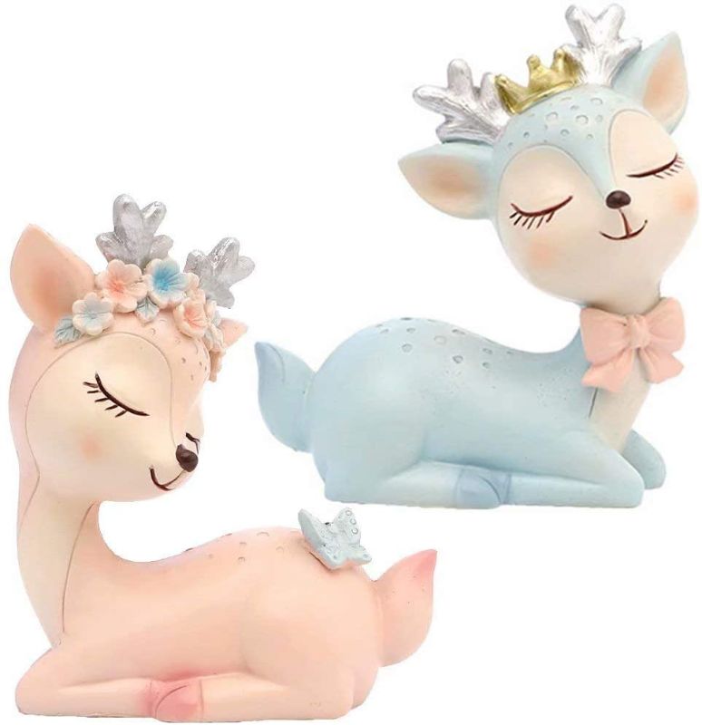 Photo 1 of 2 Pack Deer Cake Topper 3.5", Cute Resin Doe Fawn Desk Decor Animals Figurines Party Decorations for Baby Shower Birthday Wedding