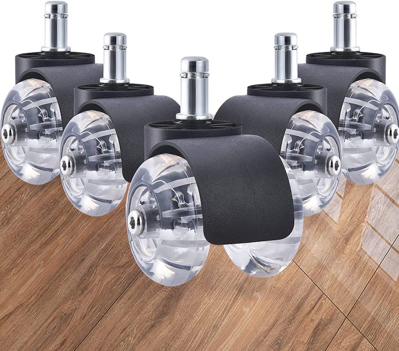 Photo 1 of  Set of 5 Office Chair Wheels,Heavy Duty Casters,Caster Wheels 2 Inch, Suitable for All Floors (Carpet, Hardwood), Rubber Replacement Casters for Gaming Chair-Universial Fit?5 Pack,Crystal Clear A? (item is new opened it to take photos)