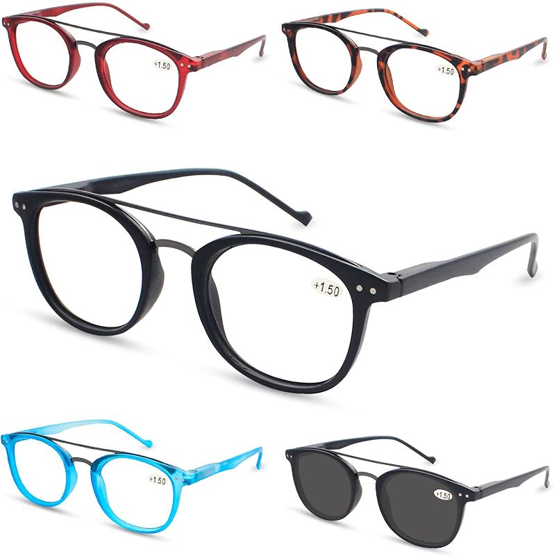 Photo 1 of 2.0 Reading Glasses for Women Men Stylish Mens Readers 5 Pack Include Sunglasses Reader with Spring Hinge in Assorted Colors 2 BOXES
